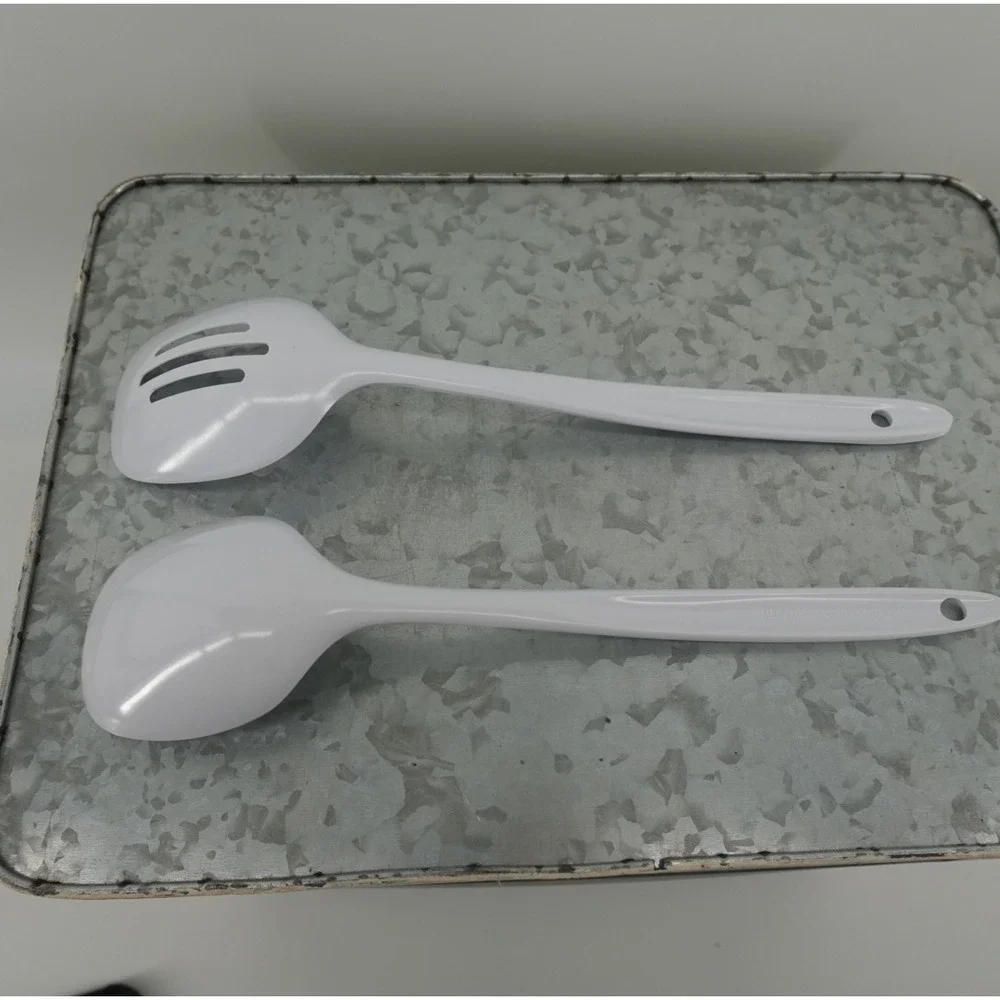 White Melamine Serving Spoon Set Slotted and Solid JP-616 JP-617 11 Inch 2 Piece